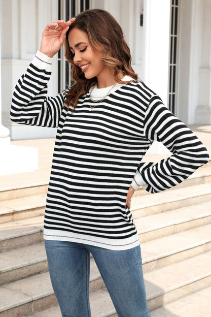 Striped Round Neck Dropped Shoulder Sweater.