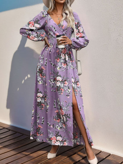 Slit Printed Surplice Long Sleeve Maxi Dress.