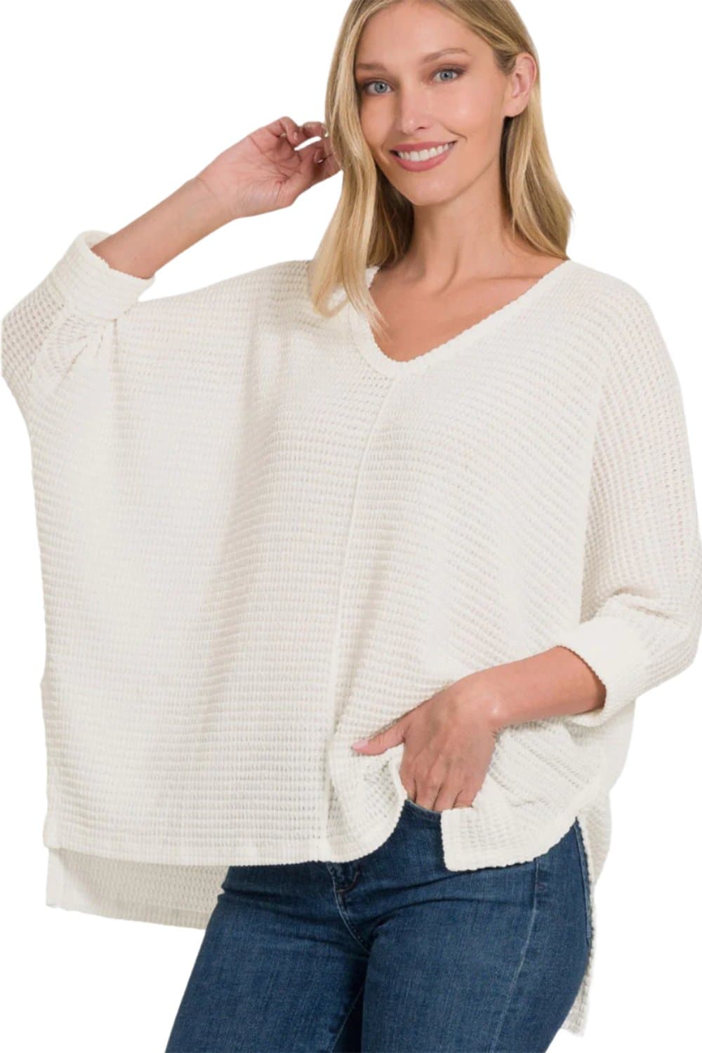 Zenana Full Size Round Neck High-Low Slit Knit Top.