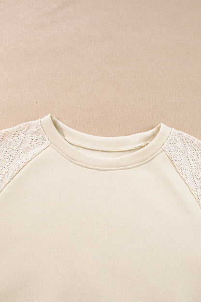 Chic parchment eyelet knit patchwork pullover with raglan sleeves