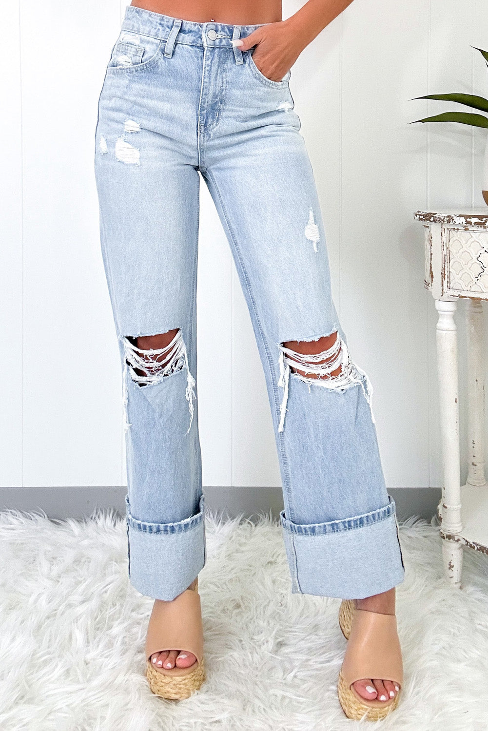 Beau distressed light wash flare jeans with vintage charm