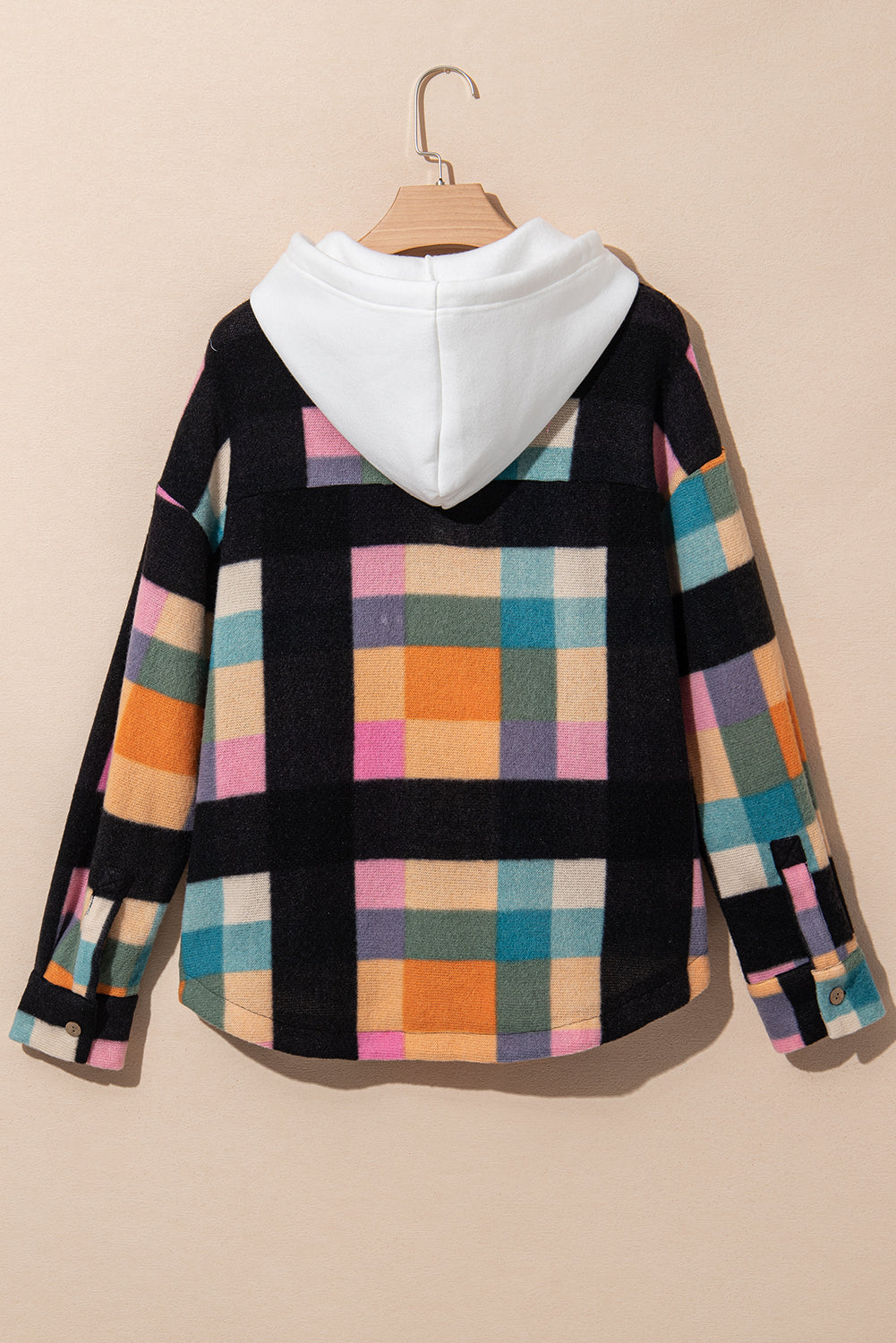 Colorful plaid buttoned hoodie with flap pockets