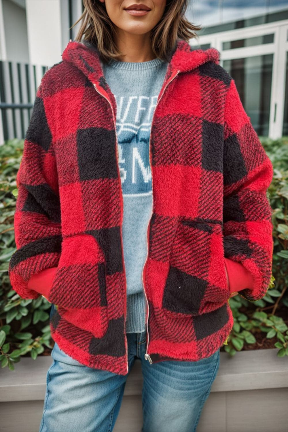 Double Take Full Size Plaid Long Sleeve Hooded Coat.