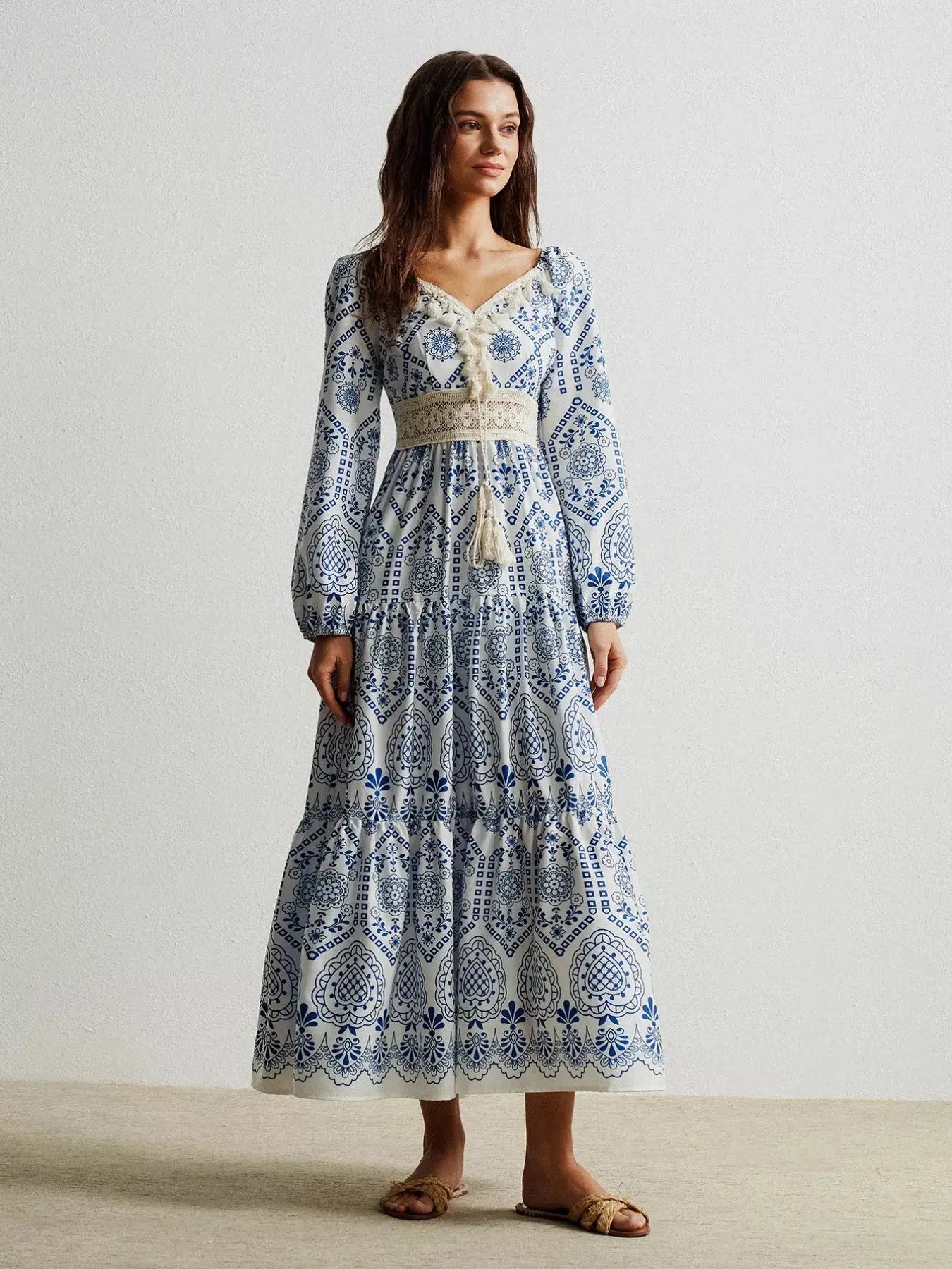 Bohemian Print Midi Dress with Tassel Detail Simply Love