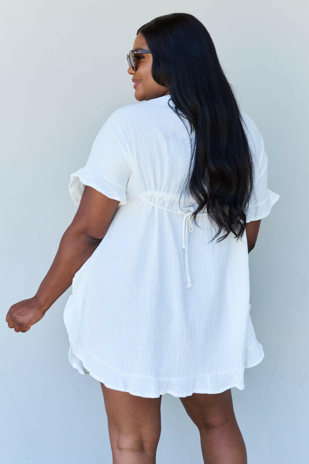 Ninexis Out Of Time Full Size Ruffle Hem Dress with Drawstring WaistbaNinexis Out Of Time Full Size Ruffle Hem Dress with Drawstring Waistband in White
 Step into timeless elegance with the Ninexis Out Of Time Full Size Ruffle Hem DresLove Salve Time Full Size Ruffle Hem DressTIKTOK