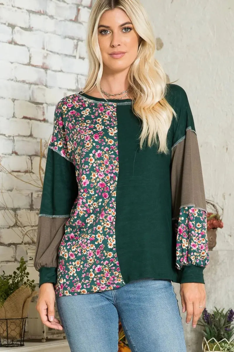 Celeste Full Size Floral Color Block Exposed Seam T-Shirt - Love Salve 