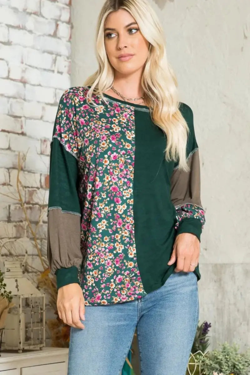 Celeste Full Size Floral Color Block Exposed Seam T-Shirt - Love Salve 