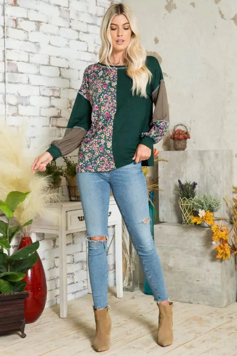 Celeste Full Size Floral Color Block Exposed Seam T-Shirt - Love Salve 