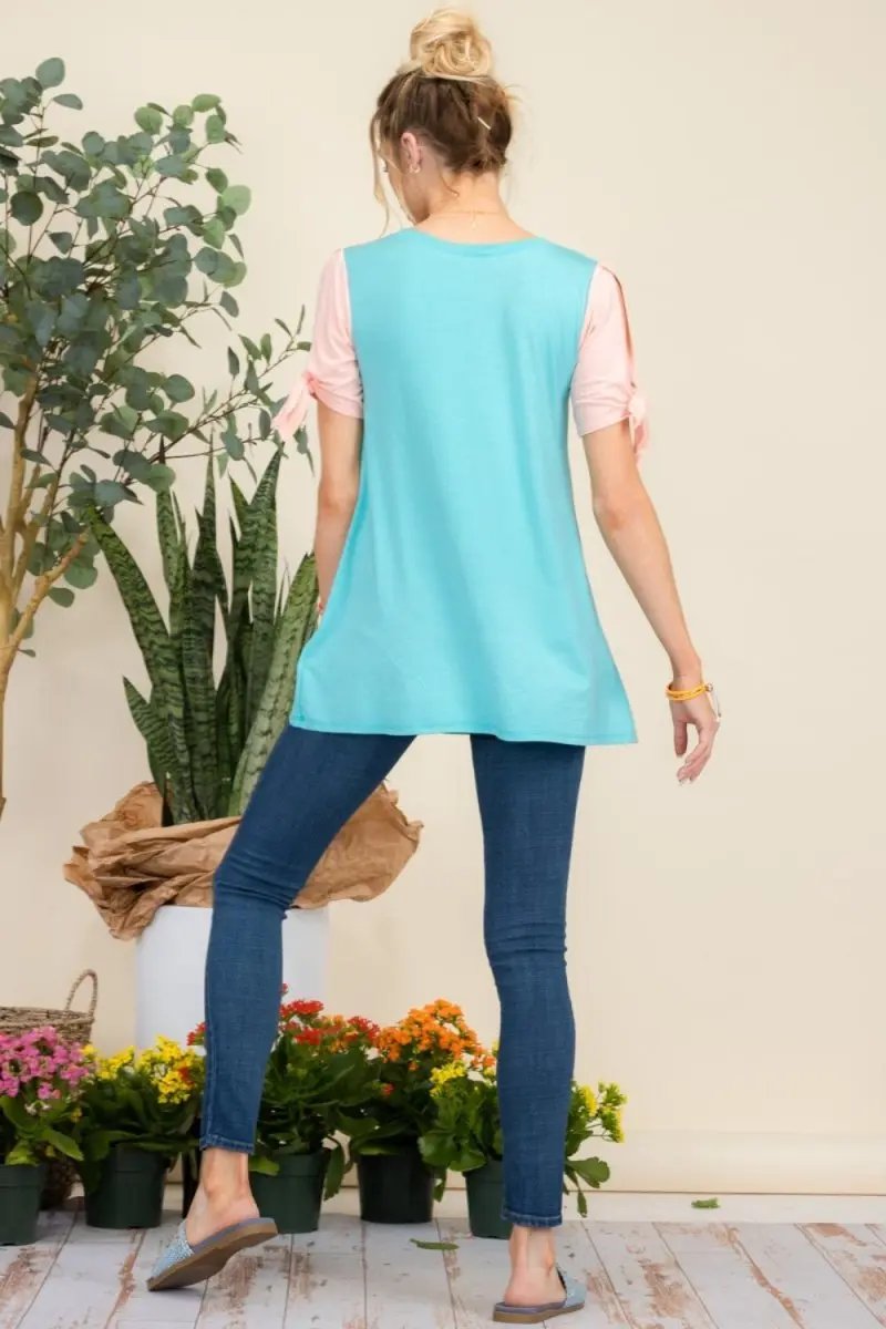 Celeste Full Size Open Tie Sleeve Floral Contrast Top Tunic - Love Salve 