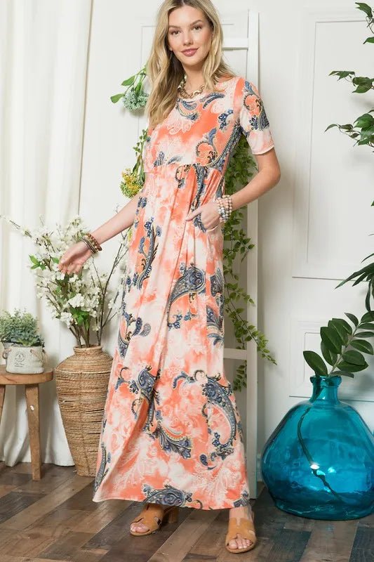 Celeste Paisley Print Short Sleeve Maxi Dress with Pockets - Love Salve