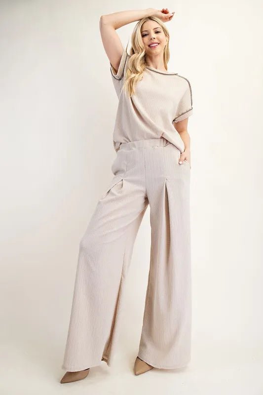 Celeste Textured Wide - Leg Pants with Pockets for Women - Love Salve