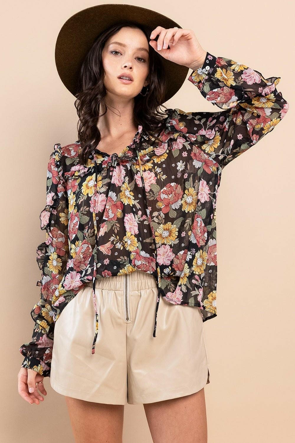 Ces Femme Ruffle Trim Long Sleeve Floral Blouse - Love Salve