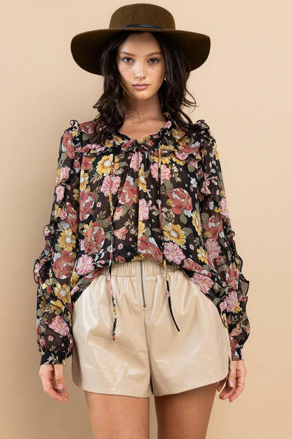 Ces Femme Ruffle Trim Long Sleeve Floral Blouse - Love Salve