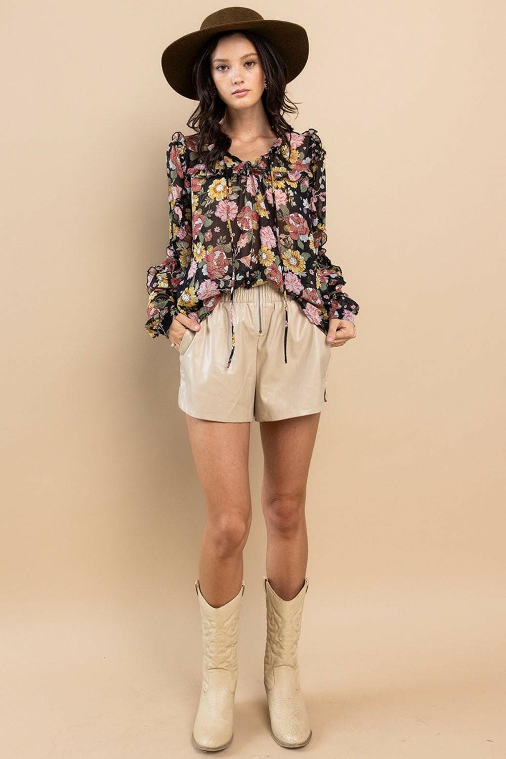 Ces Femme Ruffle Trim Long Sleeve Floral Blouse - Love Salve