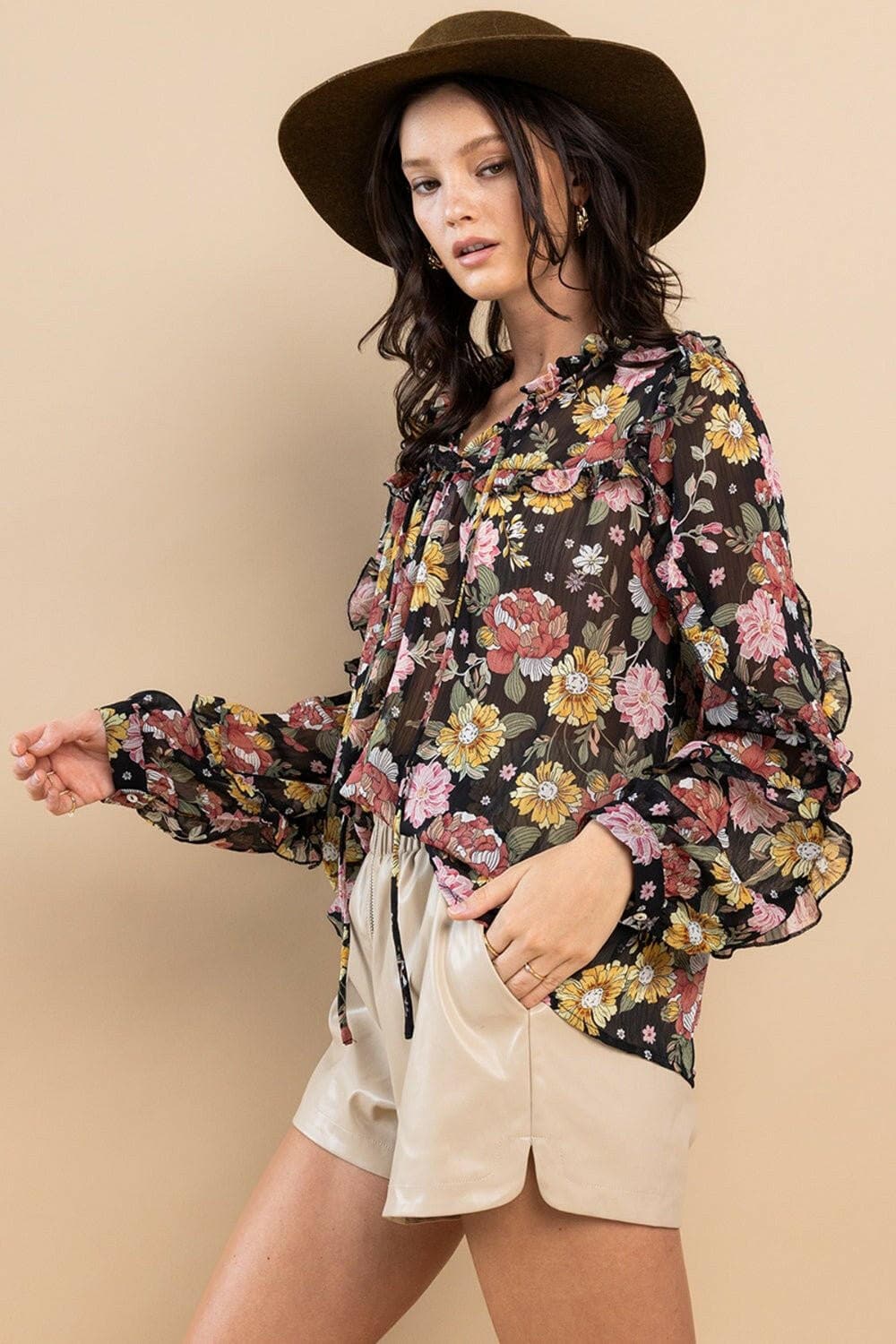 Ces Femme Ruffle Trim Long Sleeve Floral Blouse - Love Salve