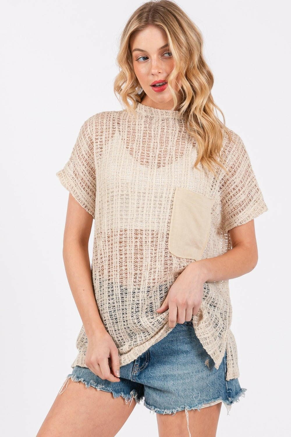 Ces Femme See Through Crochet Mock Neck Cover Up - Love Salve