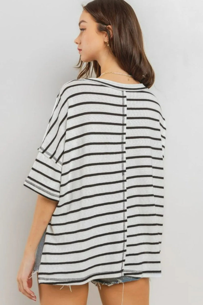 Ces Femme Side Slit Striped Round Neck Half Sleeve T-Shirt - Love Salve 