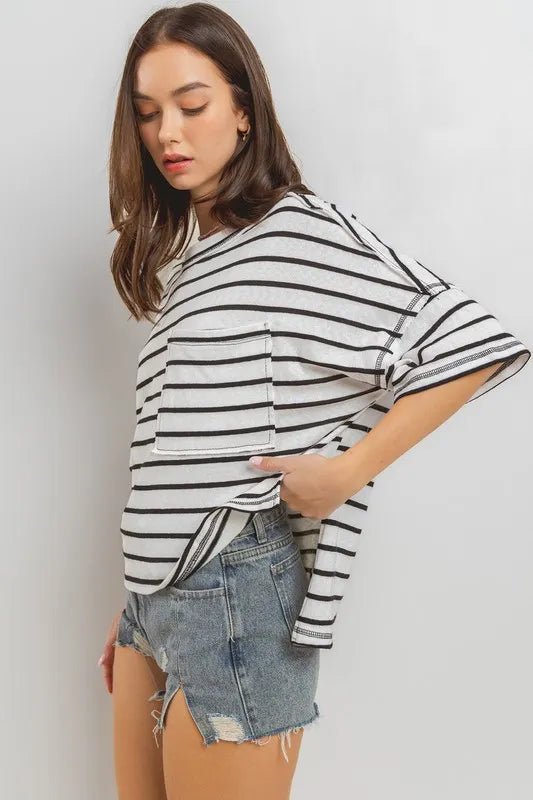 Ces Femme Side Slit Striped Round Neck Half Sleeve T-Shirt - Love Salve 