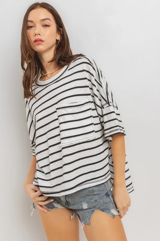 Ces Femme Side Slit Striped Round Neck Half Sleeve T-Shirt - Love Salve 