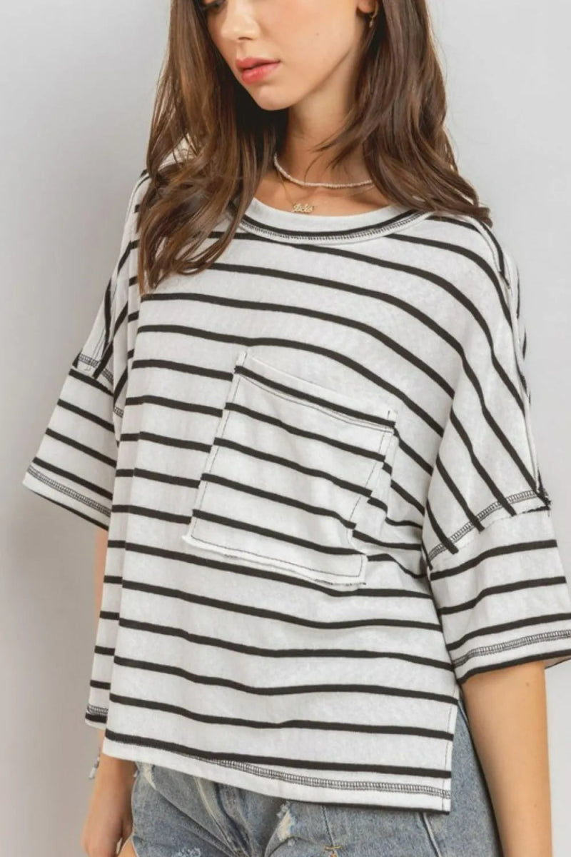 Ces Femme Side Slit Striped Round Neck Half Sleeve T-Shirt - Love Salve 