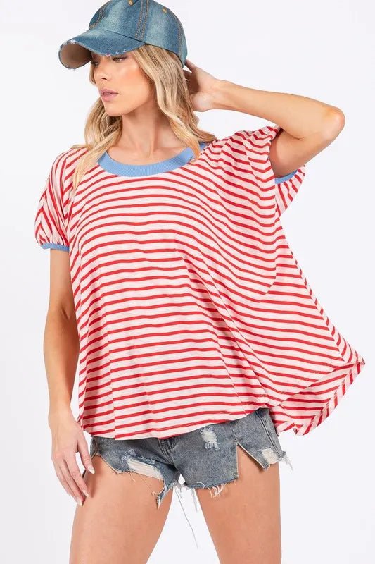 Ces Femme Striped Round Neck Short Sleeve T-Shirt for Women - Love Salve 