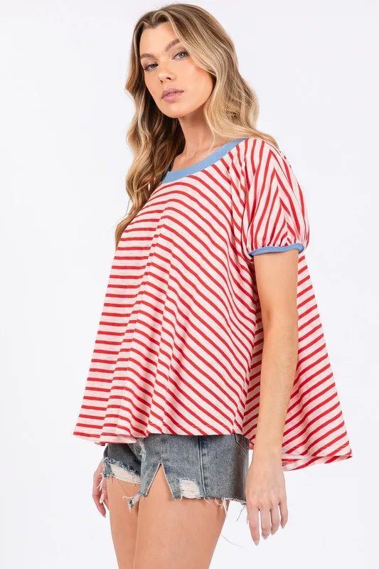Ces Femme Striped Round Neck Short Sleeve T-Shirt for Women - Love Salve 