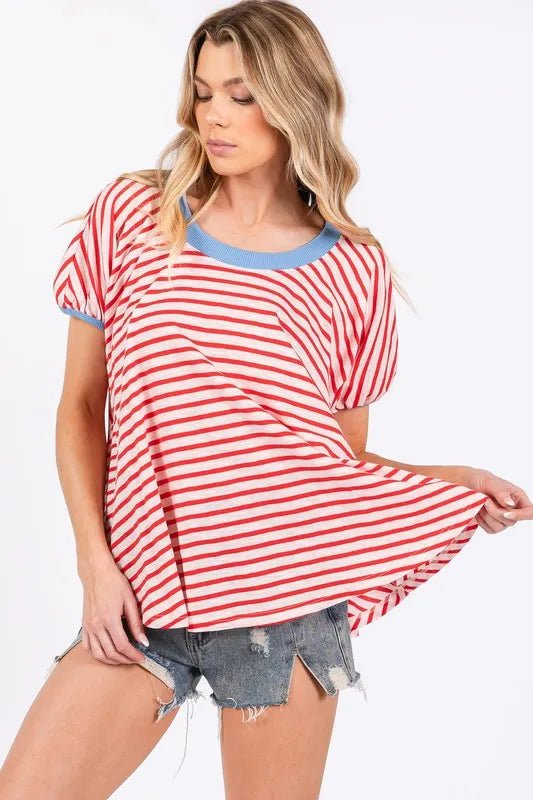 Ces Femme Striped Round Neck Short Sleeve T-Shirt for Women - Love Salve 