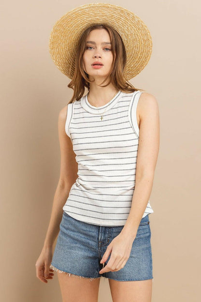 Striped Round Neck Tank Top - Summer EssentialUpgrade Your Summer Wardrobe with Style
 Introducing our Ces Femme Striped Round Neck Tank Top, a must-have for your summer wardrobe. Crafted from a soft and breathaLove Salve Striped Round Neck Tank Top - Summer Essentialjust arrived