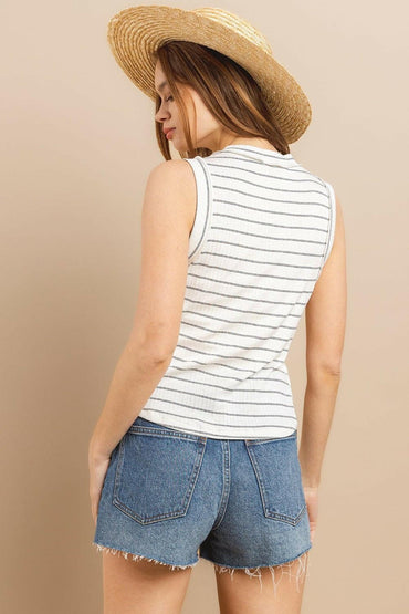 Striped Round Neck Tank Top - Summer EssentialUpgrade Your Summer Wardrobe with Style
 Introducing our Ces Femme Striped Round Neck Tank Top, a must-have for your summer wardrobe. Crafted from a soft and breathaLove Salve Striped Round Neck Tank Top - Summer Essentialjust arrived