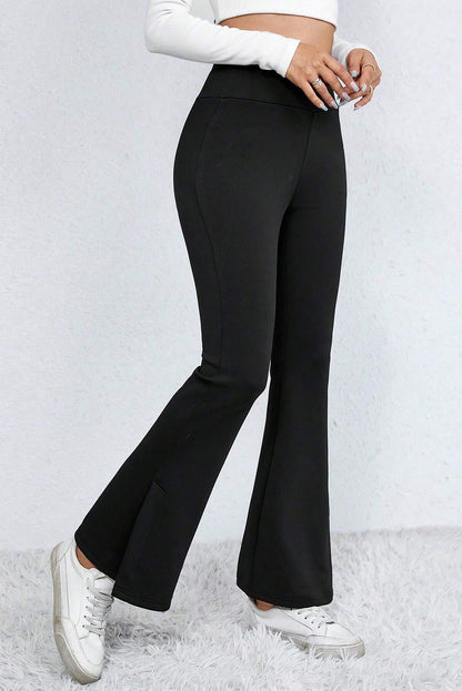 Cozy black thermal flare leg pants with stylish slits