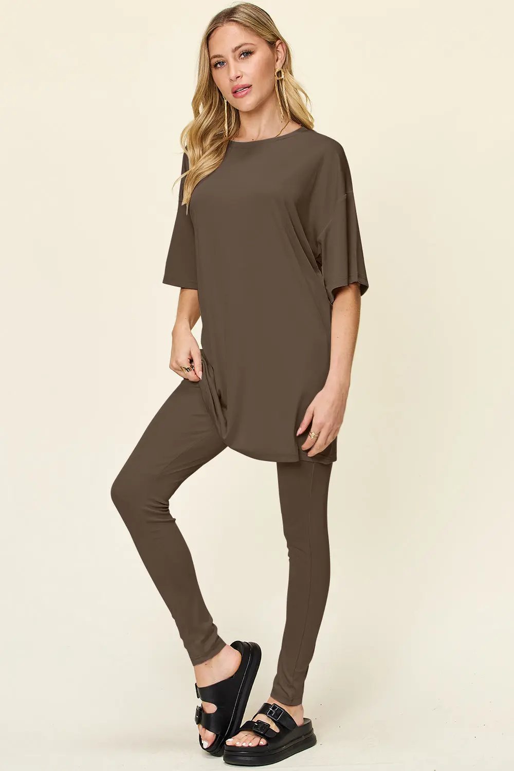 Double Take Full Size Round Neck Dropped Shoulder T-Shirt and Leggings Set - Love Salve
