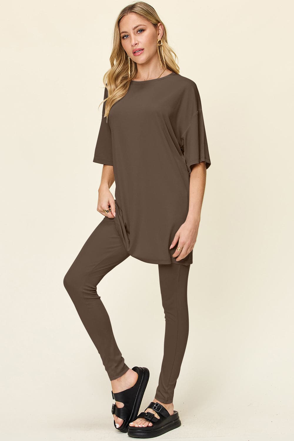 Double Take Full Size Round Neck Dropped Shoulder T-Shirt and Leggings Set.