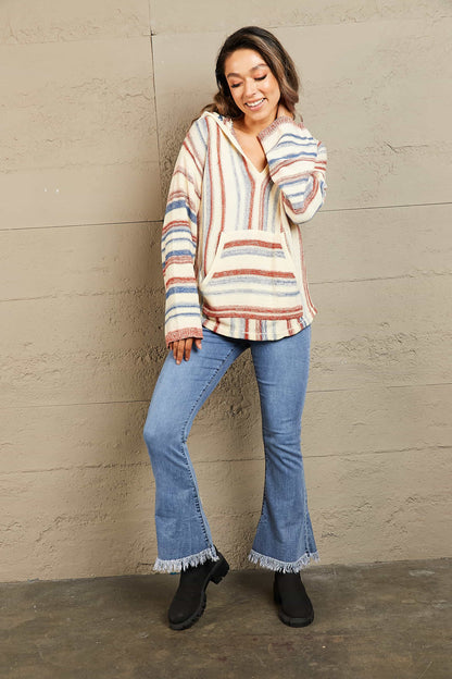 Striped Hooded Sweater with Kangaroo Pocket.