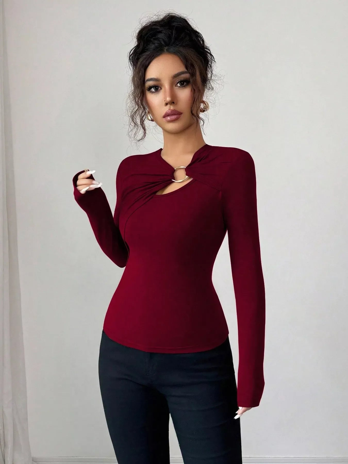 Twist Front Ring Detail Long Sleeve T-Shirt Simply Love