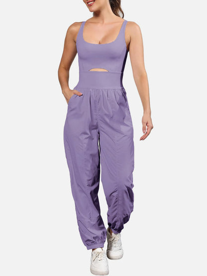 Chic cutout scoop neck jumpsuit with wide straps and pockets