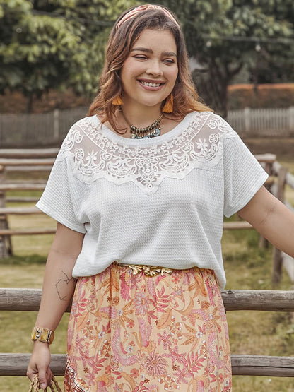 Elegant Plus Size Semi-Sheer Lace Trim Short Sleeve Blouse