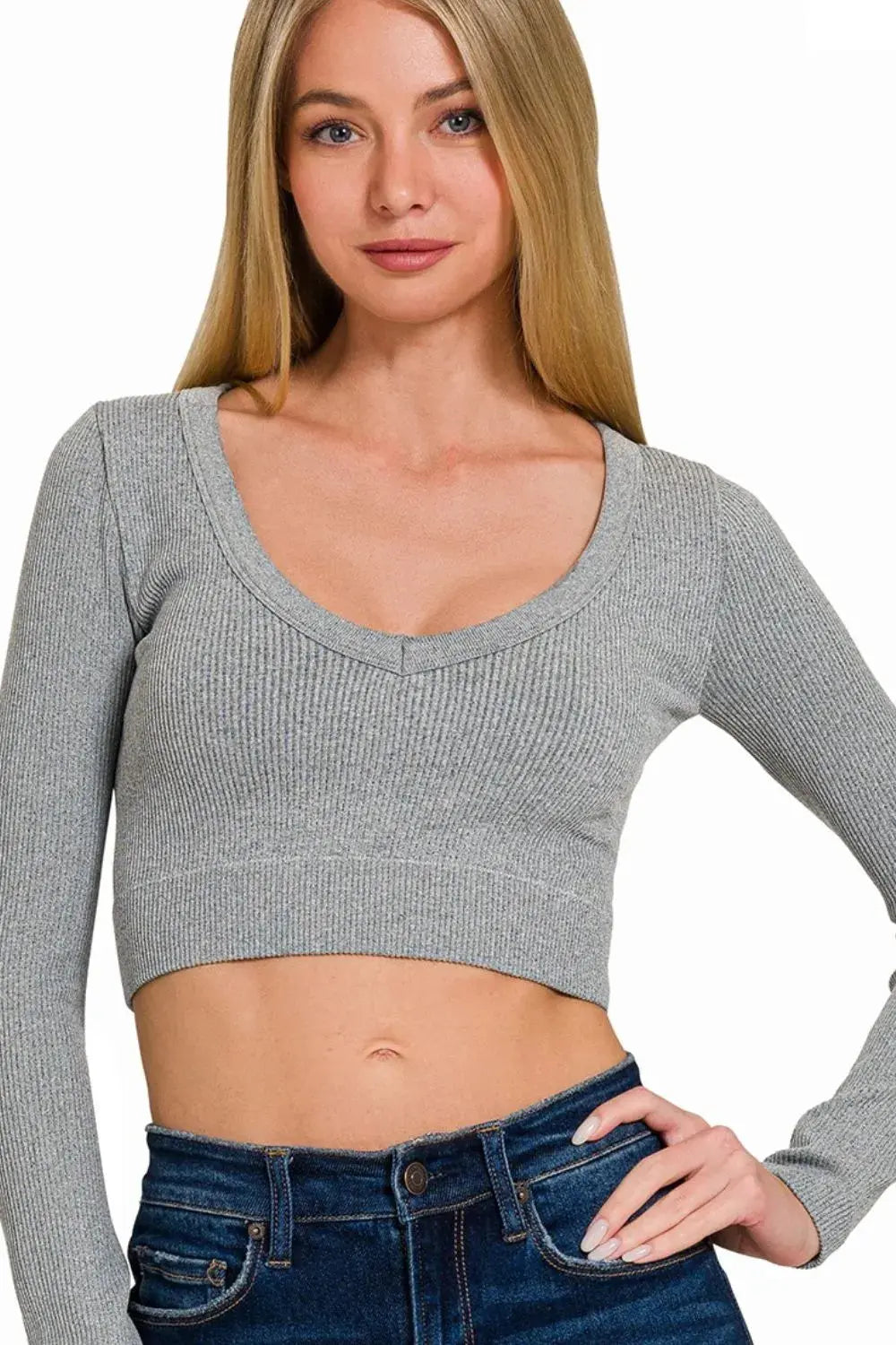 Zenana Seamless Fitted Rib V-neck Long Sleeve Crop Top - Love Salve 