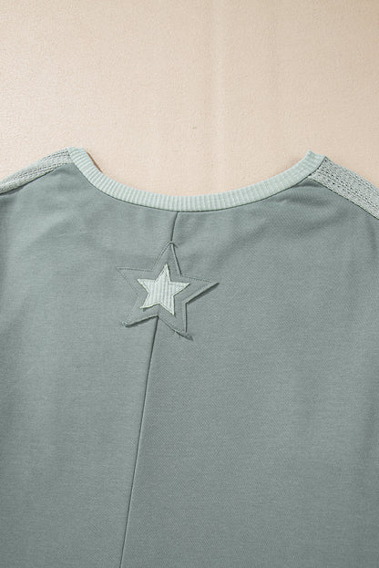 Mist green starry patchwork plus size t-shirt with round neckline