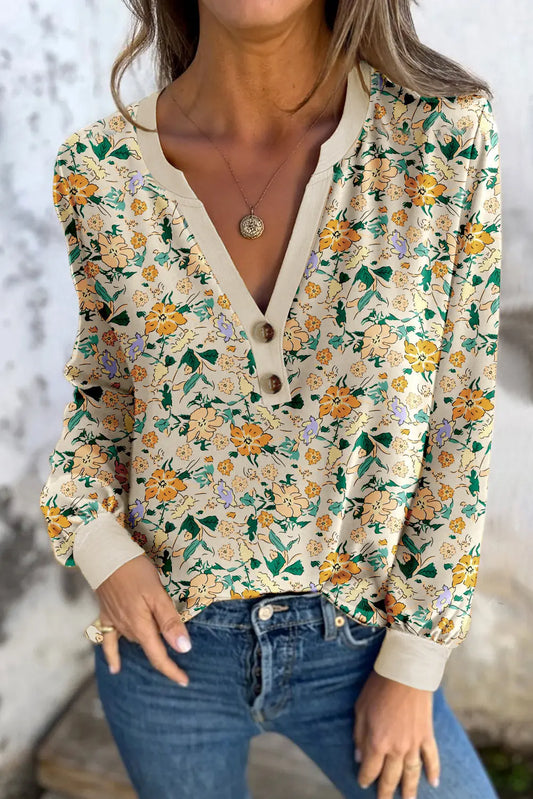 Khaki Floral Print Button Front Notched V Neck Long Sleeve Top Dear-Lover Dropshipping