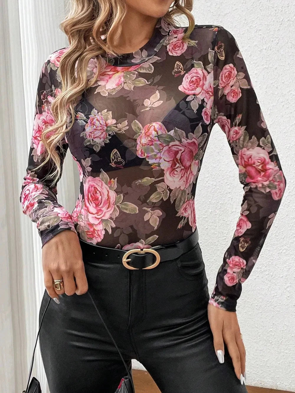 Mesh Floral Mock Neck Long Sleeve Top Coco’s Tee Boutique