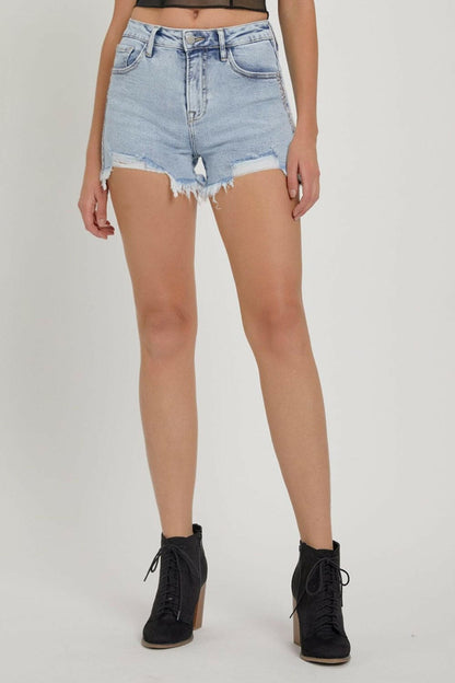 RISEN Full Size High Rise Rhinestone Strap Embellished Denim Shorts.