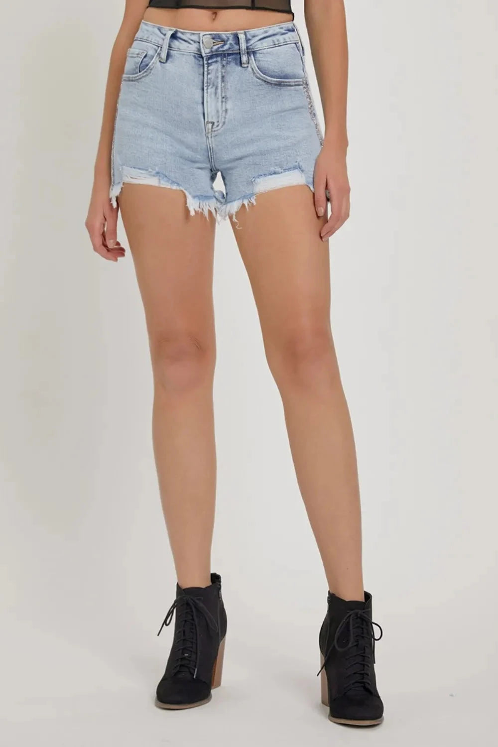 RISEN Full Size High Rise Rhinestone Strap Embellished Denim Shorts Coco’s Tee Boutique