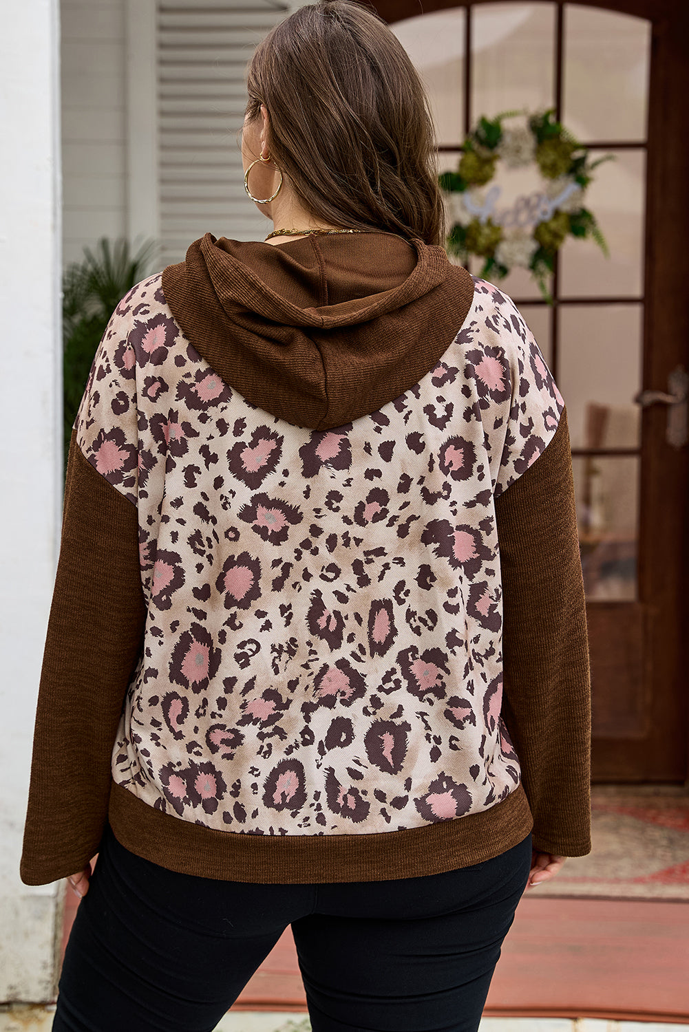 Brown Leopard Print Knit Patchwork Plus Size Hoodie Dear-Lover Dropshipping
