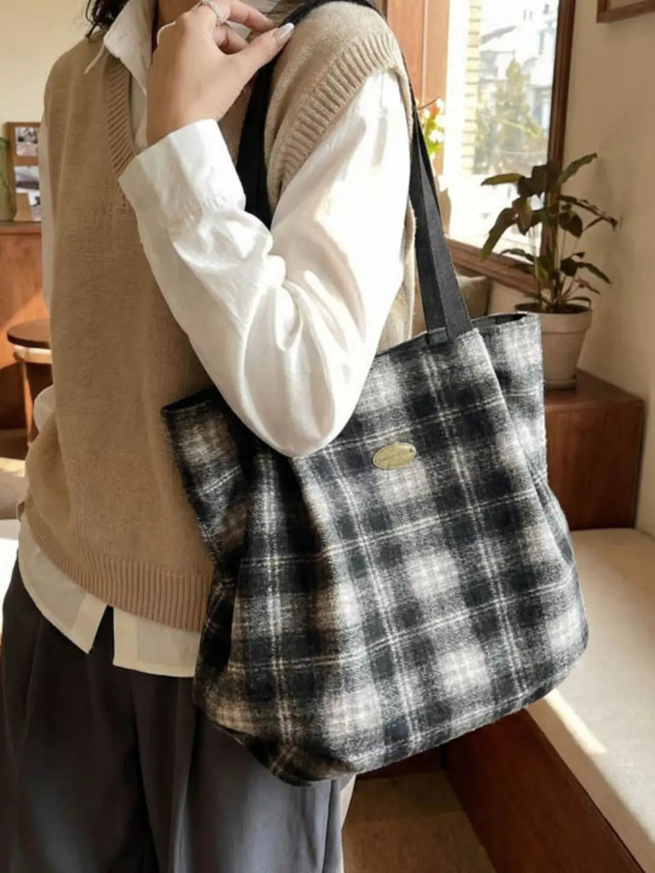 Plaid Pattern Casual Tote Bag Simply Love