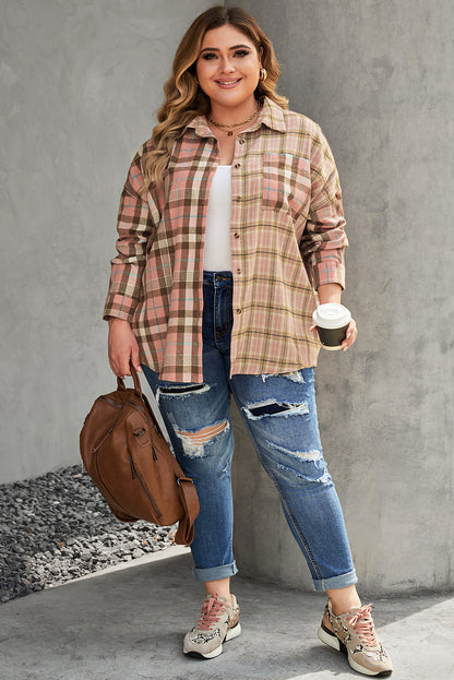 Chic pink plus size plaid long sleeve shirt with pocket detail