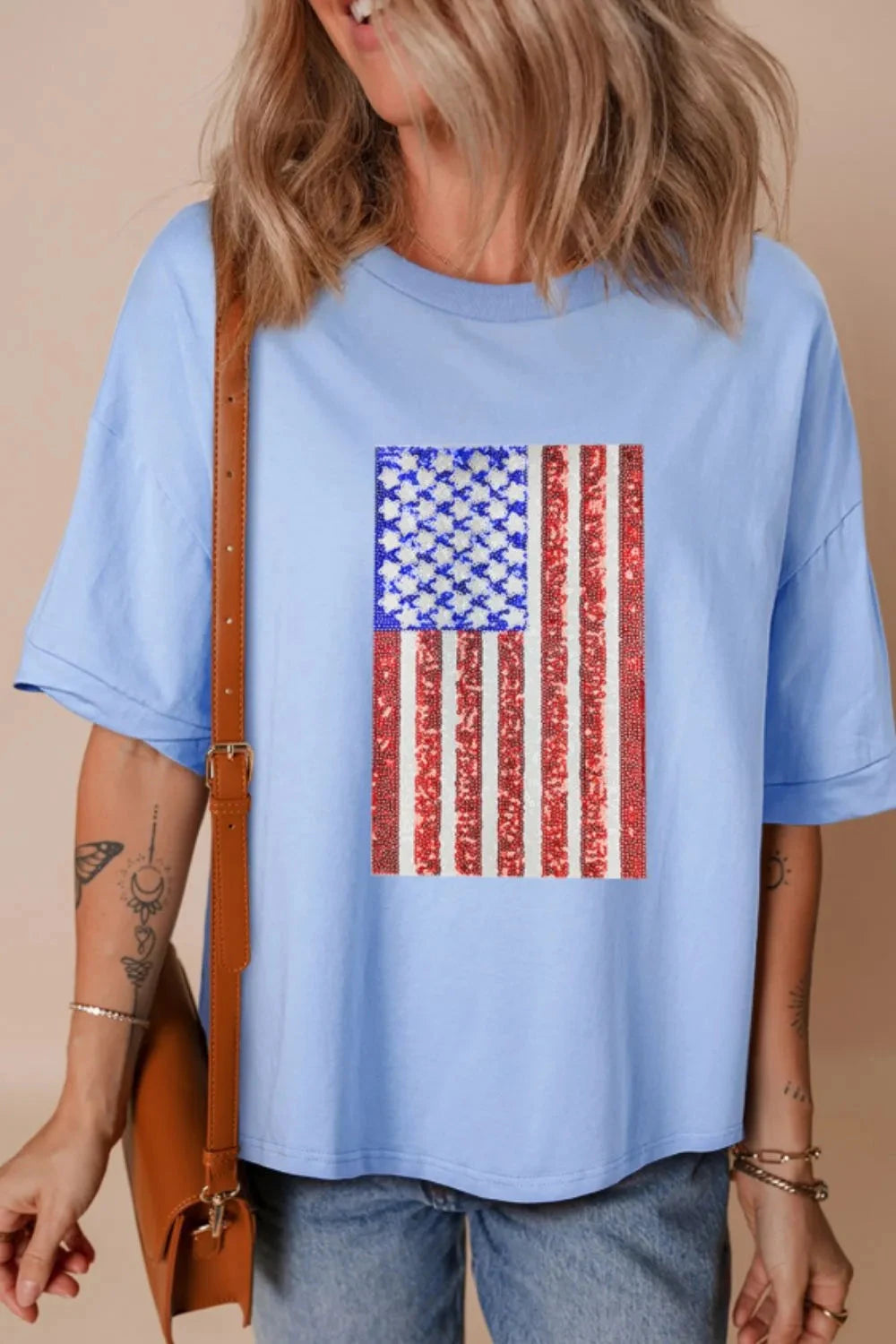 Sequined American Flag Dropped Shoulder T Shirt Simply Love