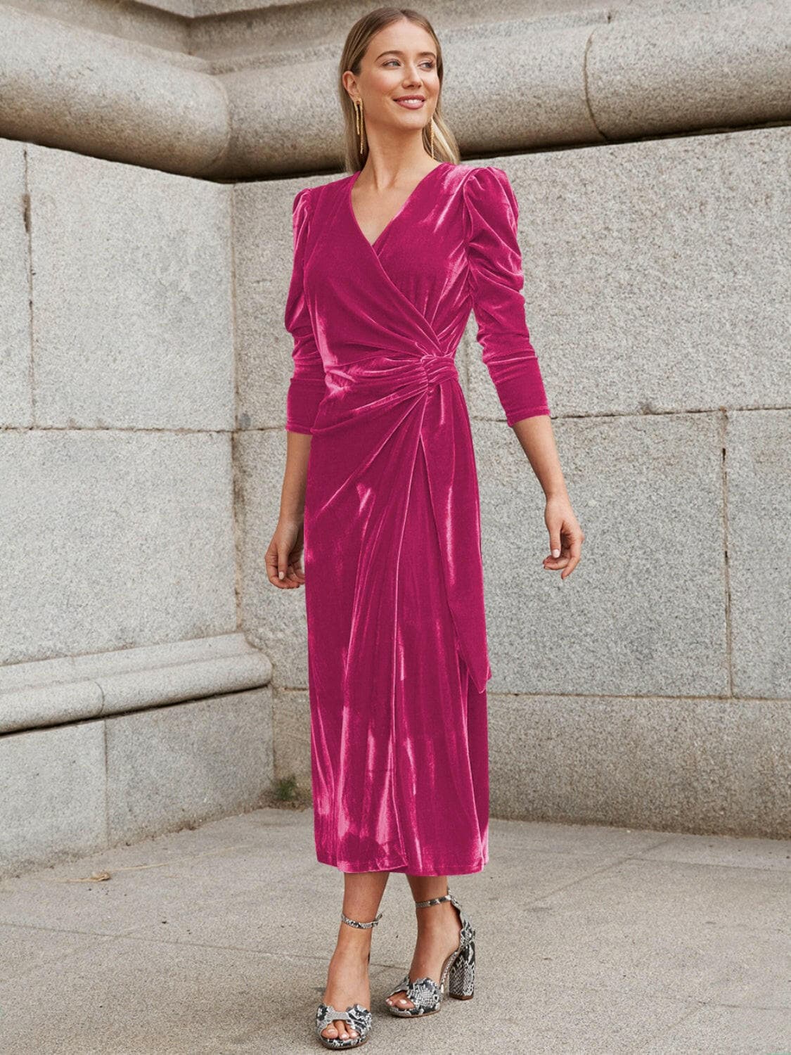 Surplice Puff Sleeve Midi Dress.