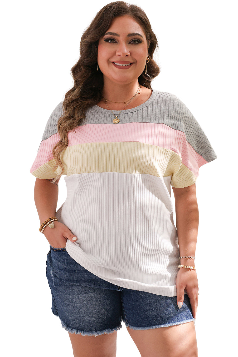 Chic white colorblock batwing sleeve ribbed plus size tee