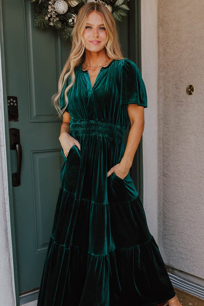 Evergreen velvet tiered maxi dress with shirred waist and short sleeves