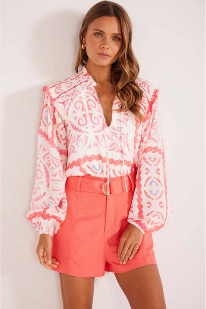 Desert Flower Vintage Print Smocked Poet Collar Blouse